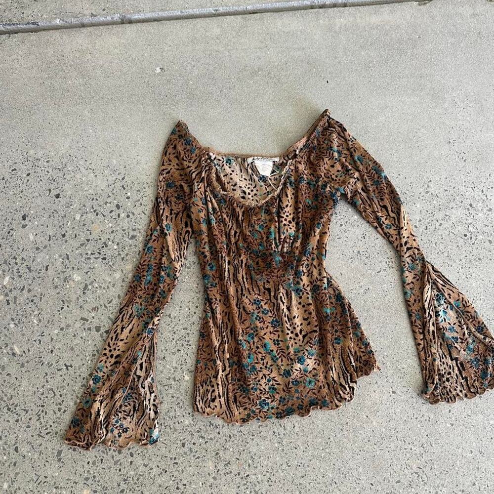 Vintage Self Esteem Womens S Top Y2K Animal Print Floral Bell Sleeve Babydoll